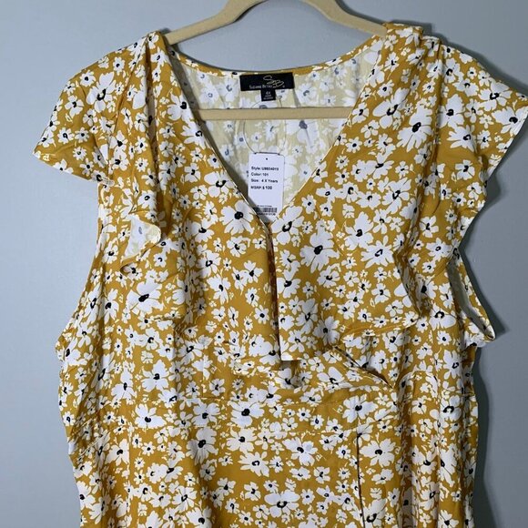 NEW Suzanne Betro yellow floral ruffle faux wrap knee length stretch dress - Picture 3 of 10